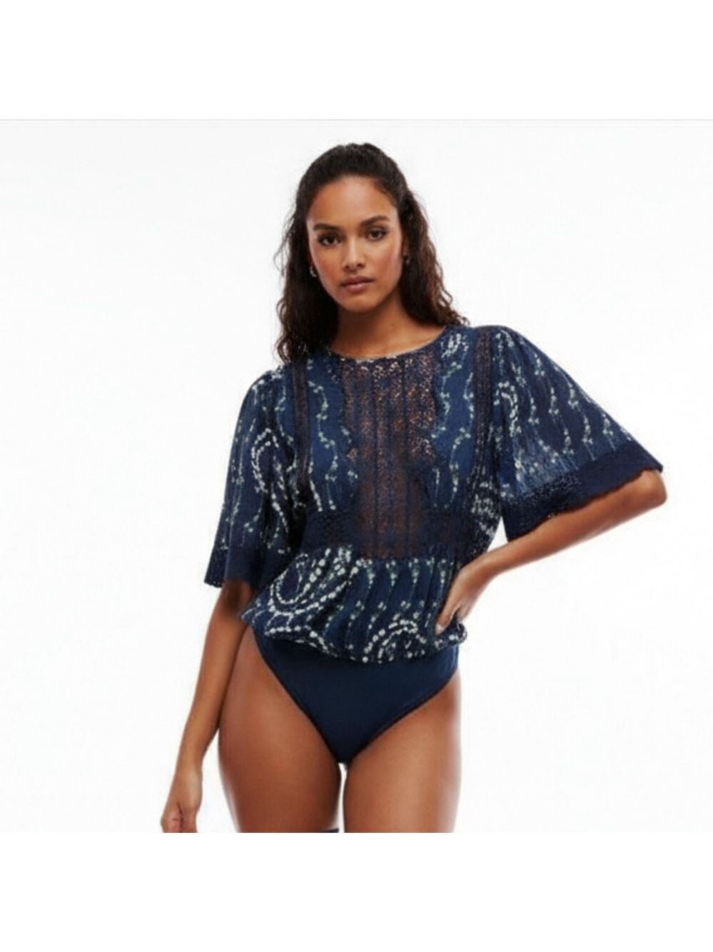 Free People Bali Tate Mixed Media Crochet Floral Printed Bodysuit Blue Sz S